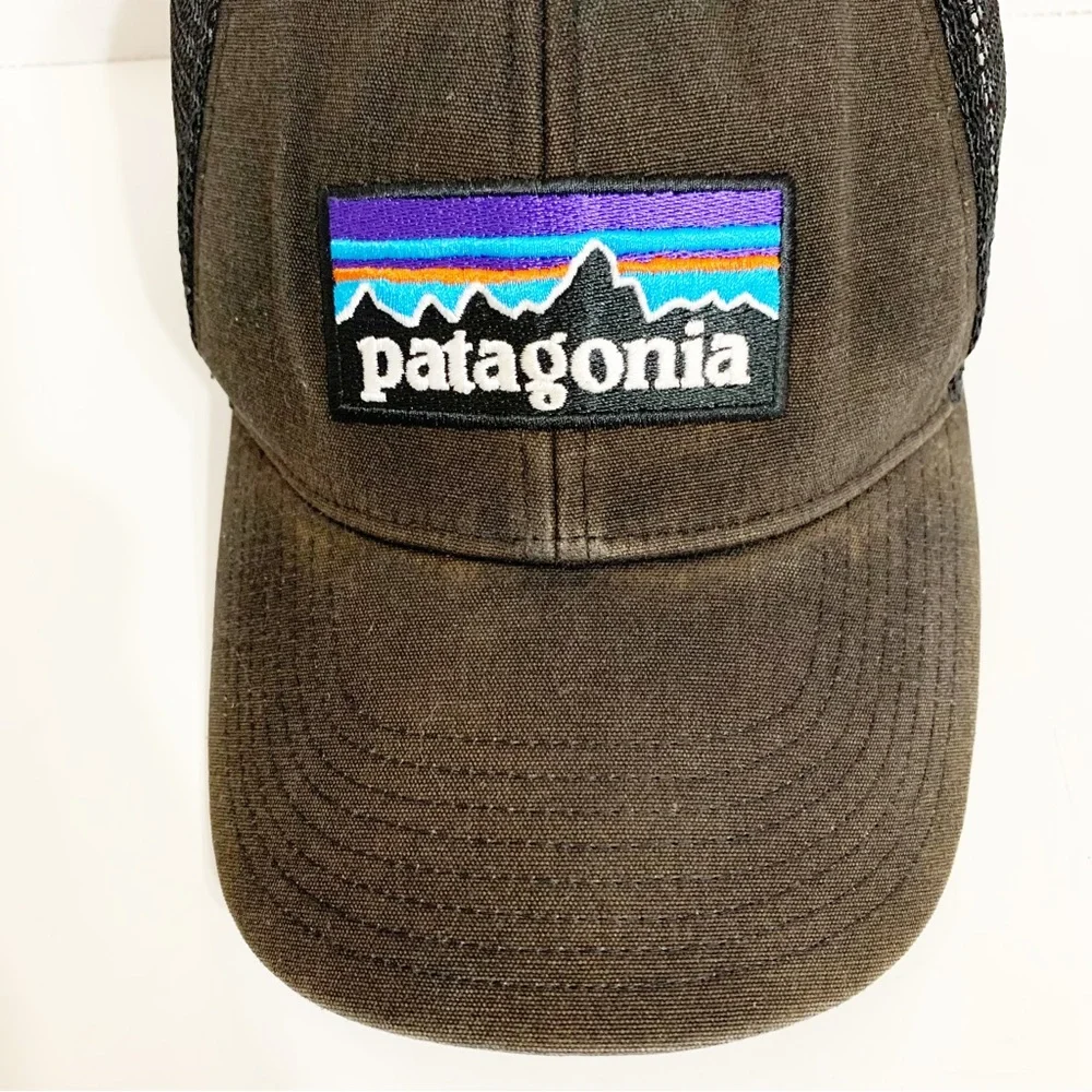 Patagonia Logo Faded Trucker Style Hat Cap Black Mesh Snapback Adjustable Back